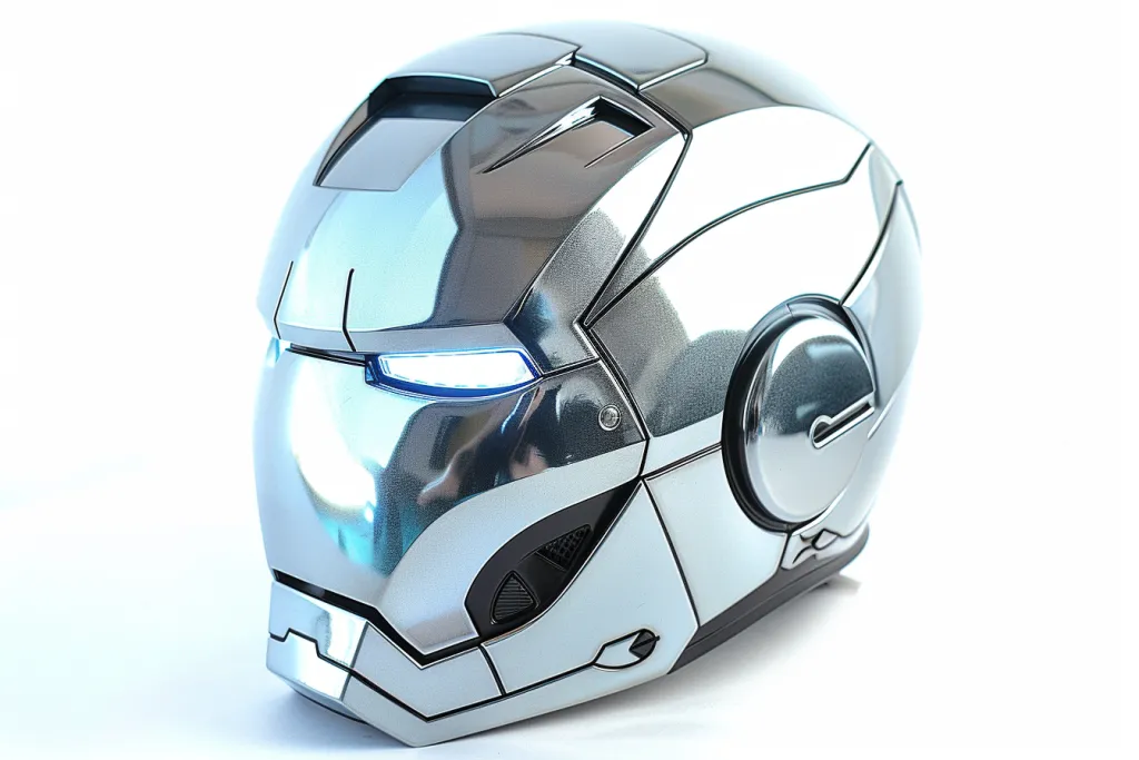 Серебристый мотоциклетный шлем с открытым и светоотражающим козырьком.