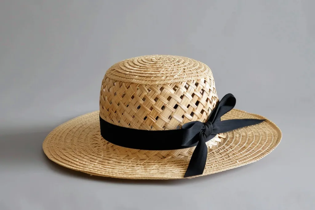 Um chapéu de palha simples e elegante com uma fita preta na aba