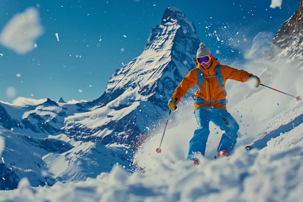 Uno sciatore sta sciando lungo il fianco dell'imponente picco