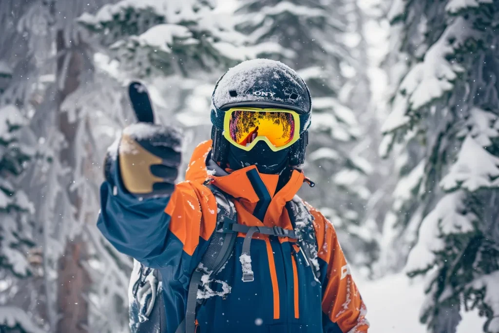 Un skieur portant une veste orange et bleu marine