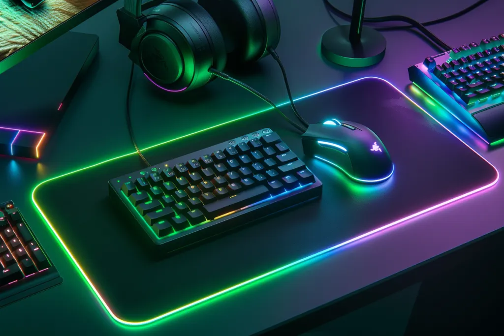 A sleek, metallic mouse pad with green and blue neon lighting