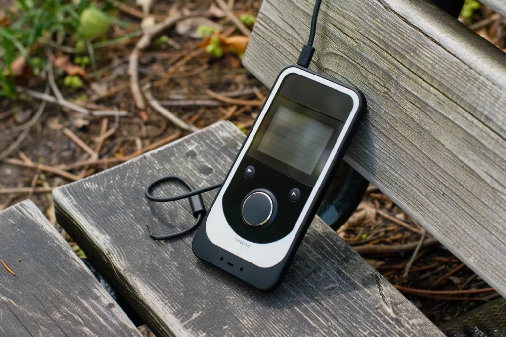 A small black and white music player