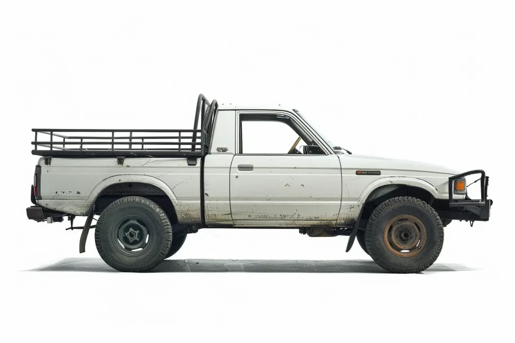 A white sports some black metal bars on its truck bed rack