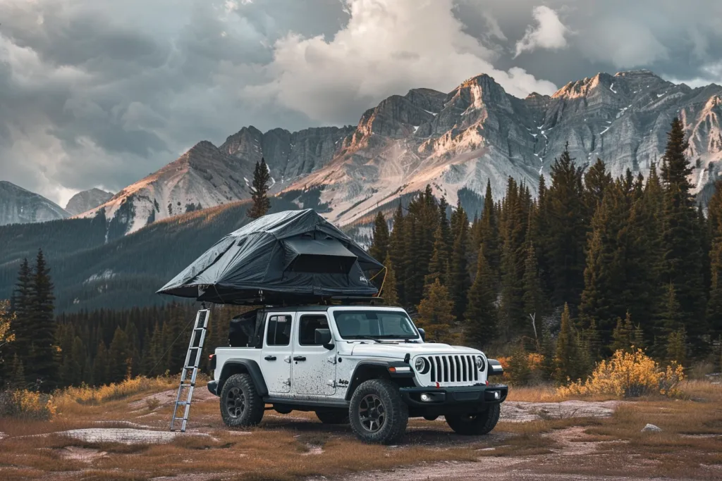 A white jeep gladiator with an open roof and black tent on top