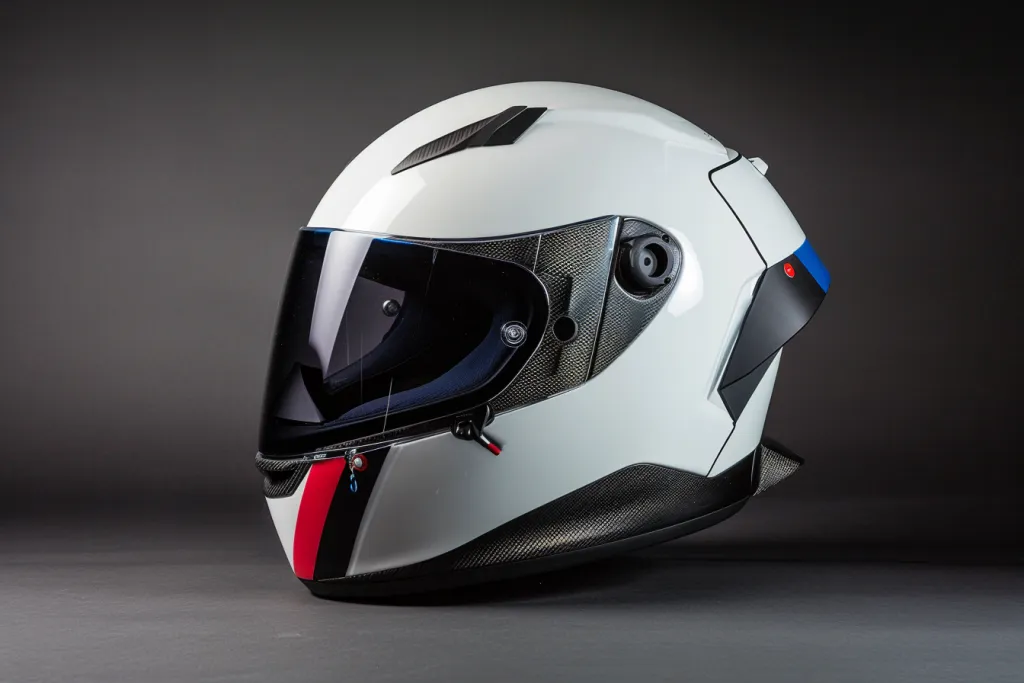 A white motorcycle helmet with black carbon fiber elements on the sides