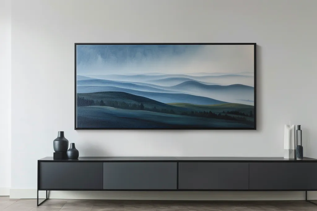 Una pared blanca con un marco vacío encima del elegante televisor moderno en negro y gris.
