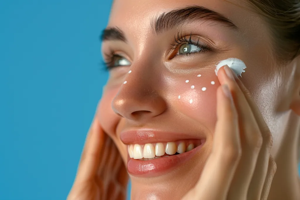 A woman applying eye cream to her under eyes