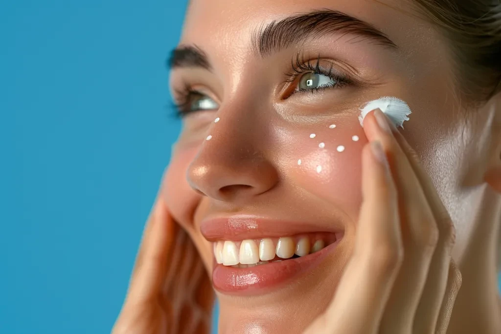 Uma mulher aplicando creme para os olhos sob os olhos