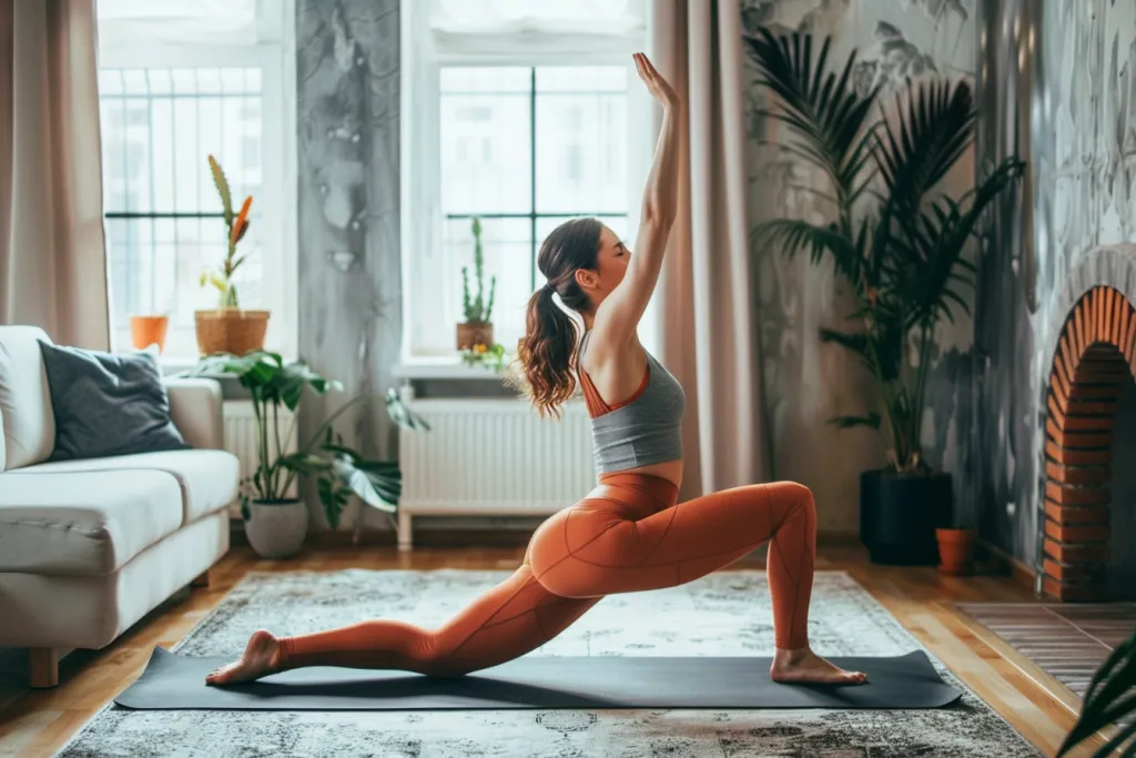 Una mujer haciendo yoga en su salón.