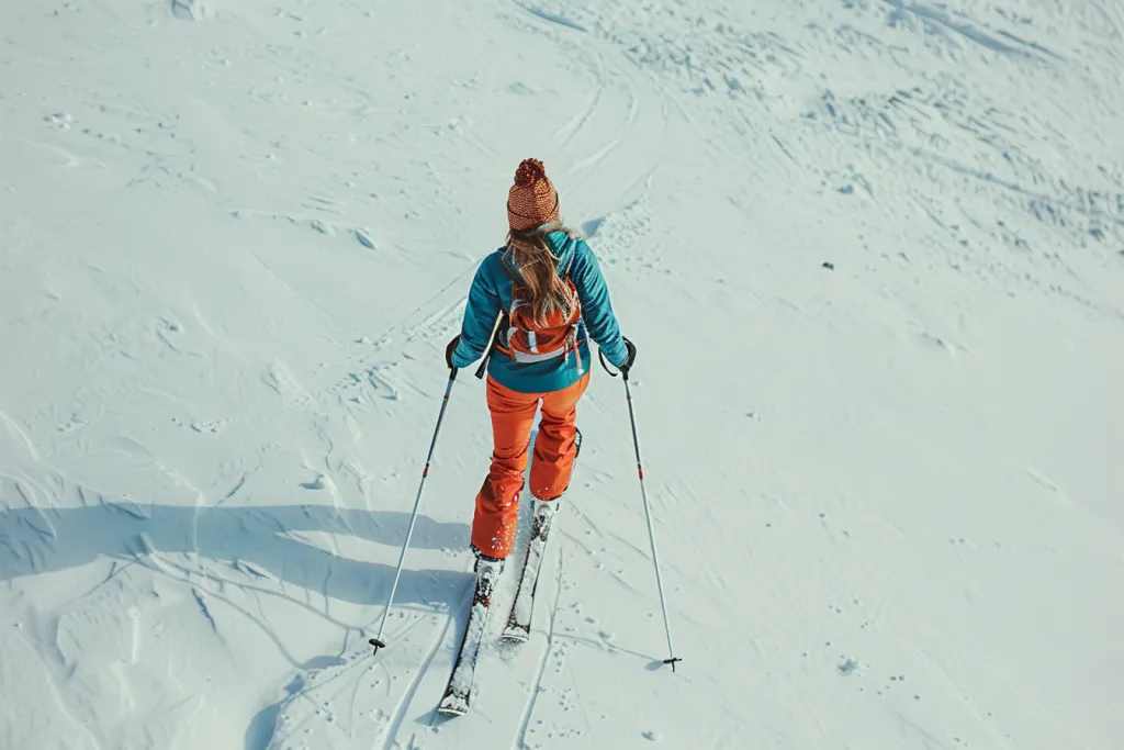Una mujer con una chaqueta azul y pantalones naranjas esquiando.