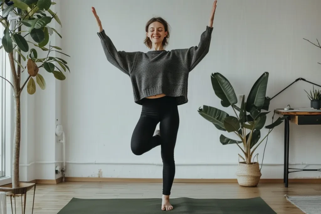 Uma mulher de quase trinta anos fazendo poses de ioga no tatame