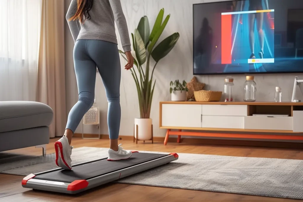 Une femme marche sur un tapis