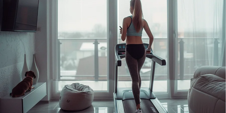 Seorang wanita sedang berjalan di atas treadmill di rumahnya