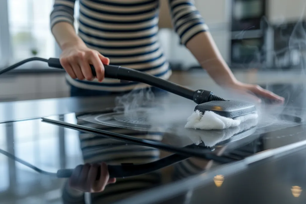 A woman uses a steam cleaner to clean