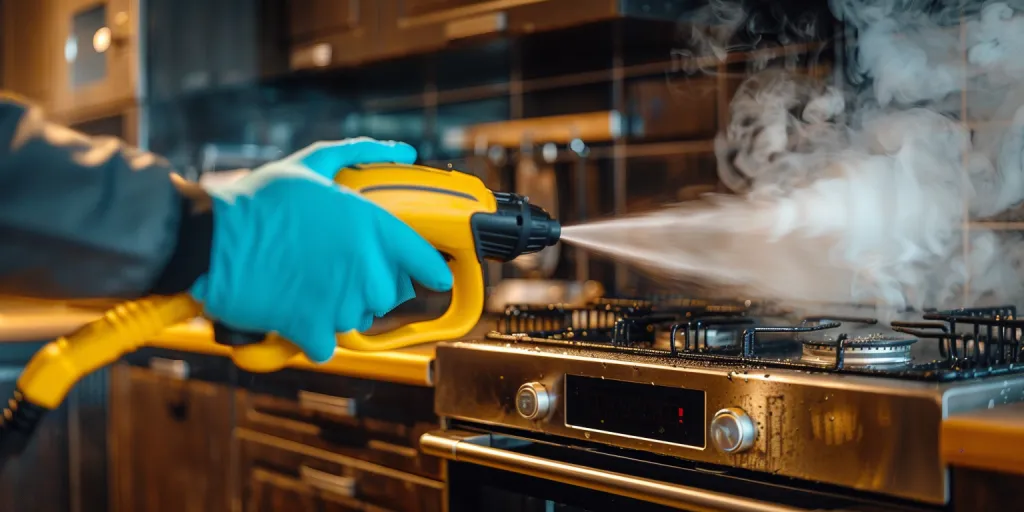 Una pistola de vapor amarilla y negra limpiando un horno en la cocina.