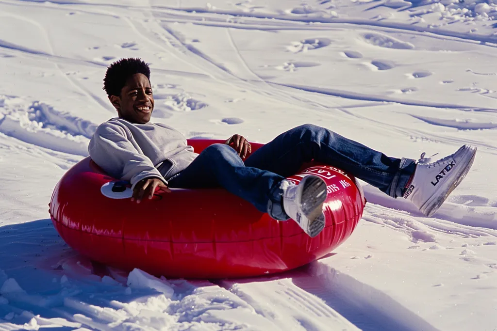 A young man is sitting on an inflatable red tube