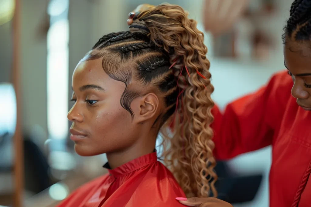 portant une chemise rouge au salon de coiffure, faisant tisser sa queue de cheval blonde bouclée et humide dans et hors de ses cheveux noirs de bébé