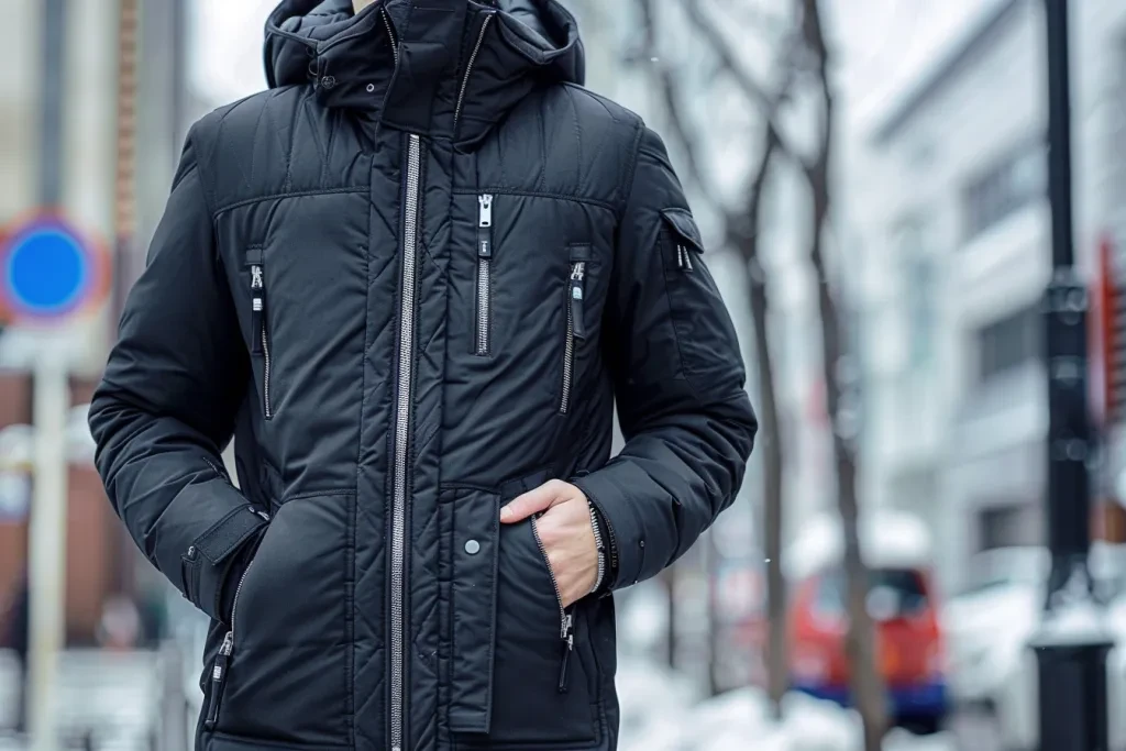 Una atractiva chaqueta de hombre negra con cremalleras y capucha.