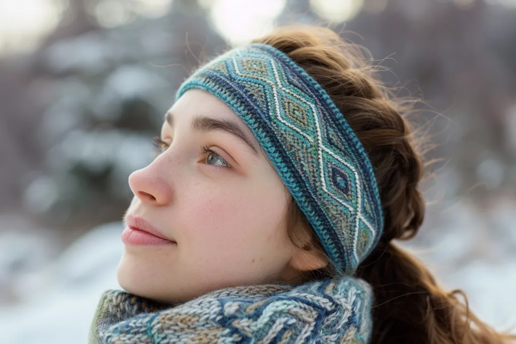 An elegant knitted headband with geometric patterns in blue and green