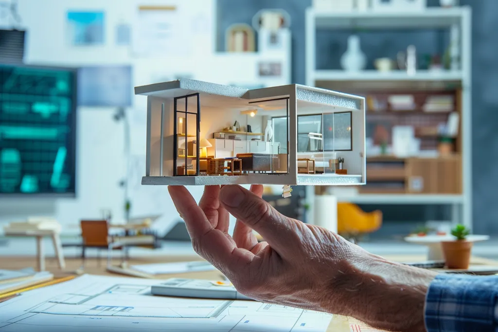 Ein Ingenieur hält ein Architekturmodell der Innenarchitektur in der Hand