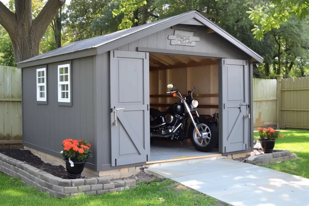 An outdoor storage shed with gray vinyl sheeting and two large double doors