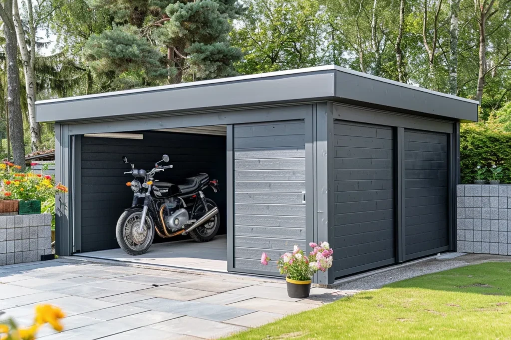 An outdoor storage shed with gray vinyl sheeting