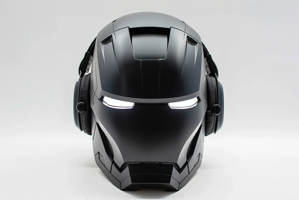 Capacete do Homem de Ferro preto, capacete de motocicleta de rosto aberto com fones de ouvido, máscara facial preta fosca