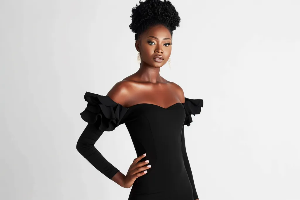 Black bodycon off-the-shoulder dress with ruffled sleeves
