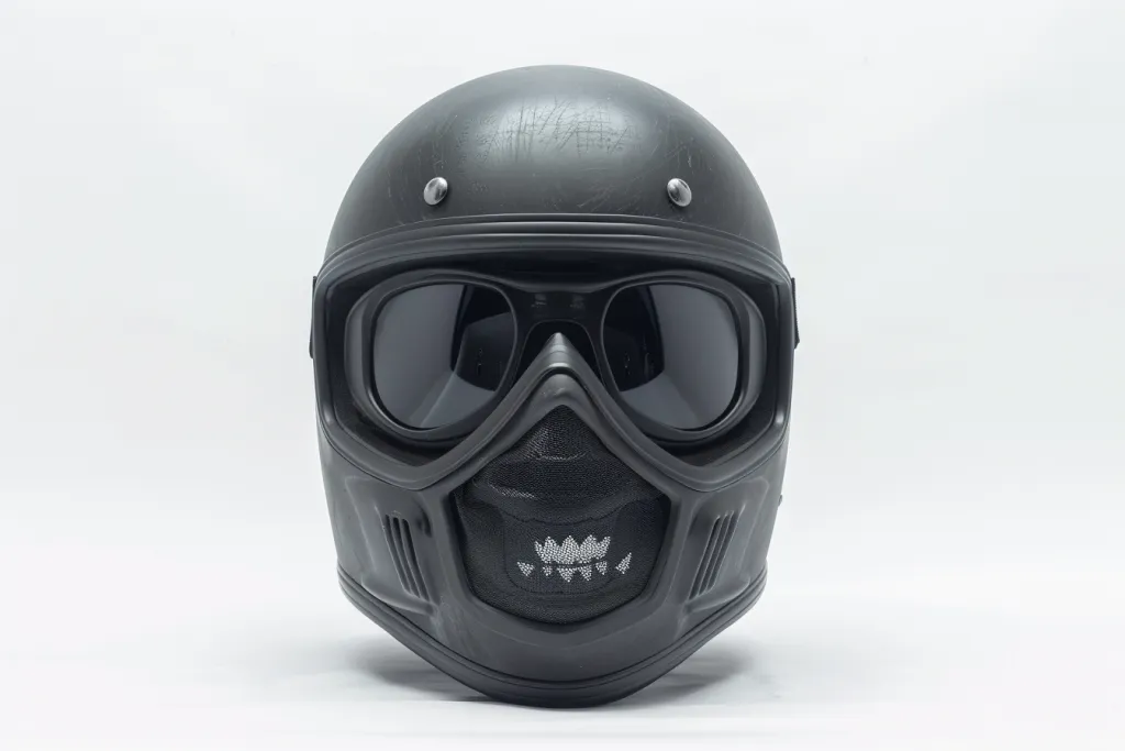 Черный матовый мотоциклетный шлем с прозрачным козырьком.