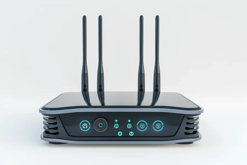 Router hitam dengan tiga antena pada latar belakang putih