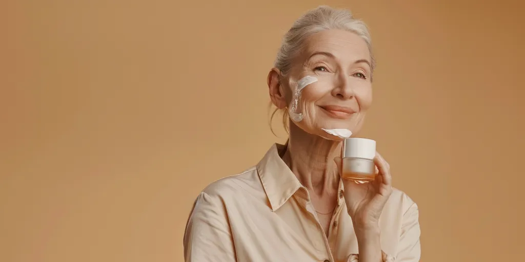 Photo cinématographique d'une jolie femme âgée appliquant de la crème sur son visage