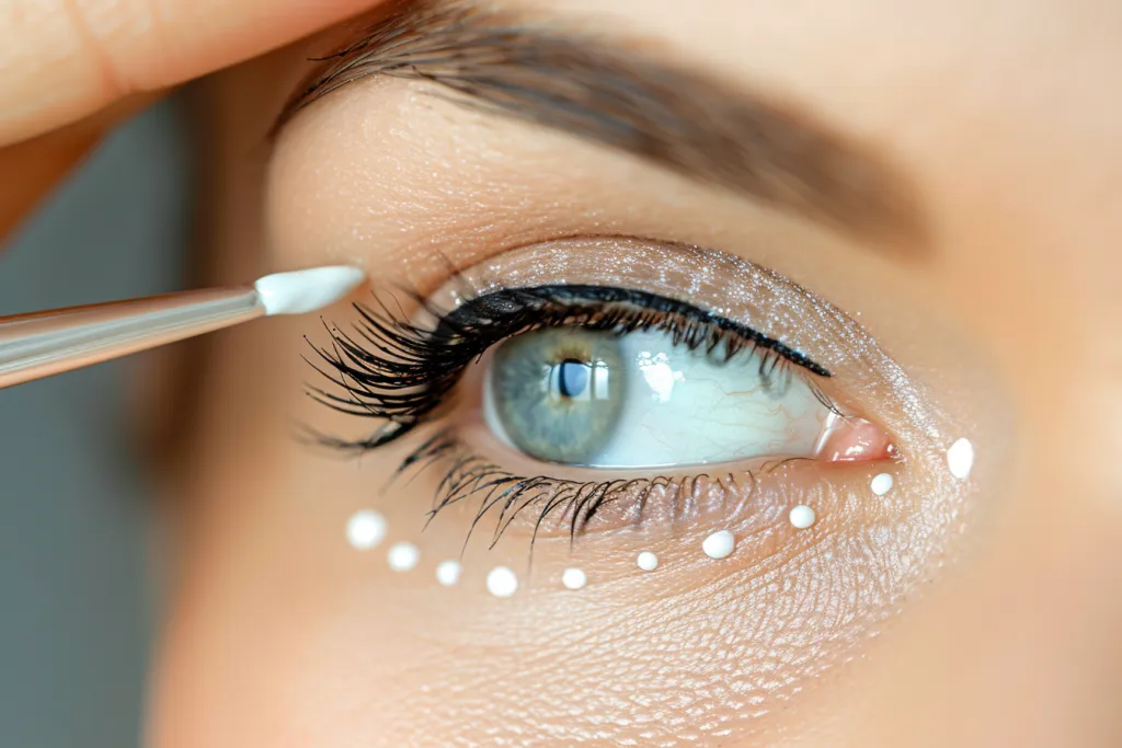 Close up of a woman applying eye cream to her under eyes