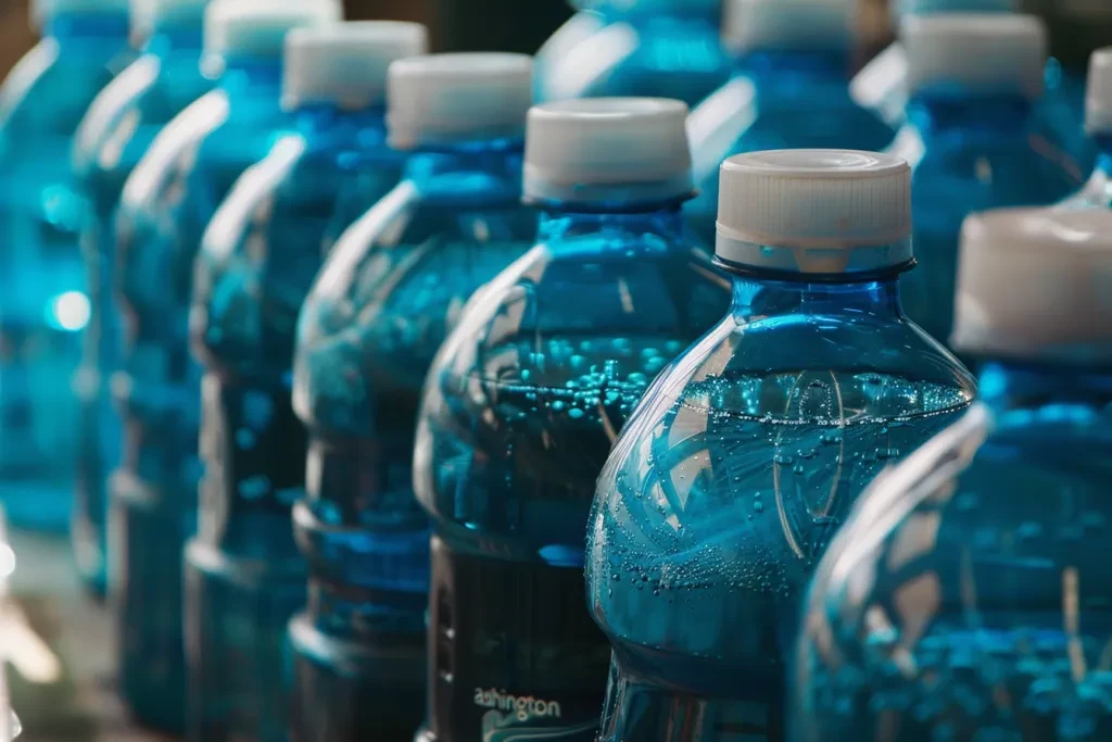 Primer plano de varias botellas y jarras llenas de limpiador de vidrios líquido azul para automóviles