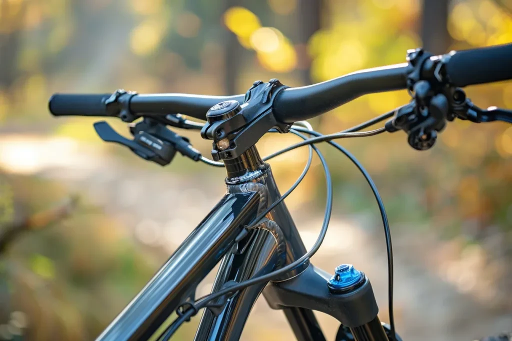 Tampilan jarak dekat dari stang dan head tube pada sepeda gunung