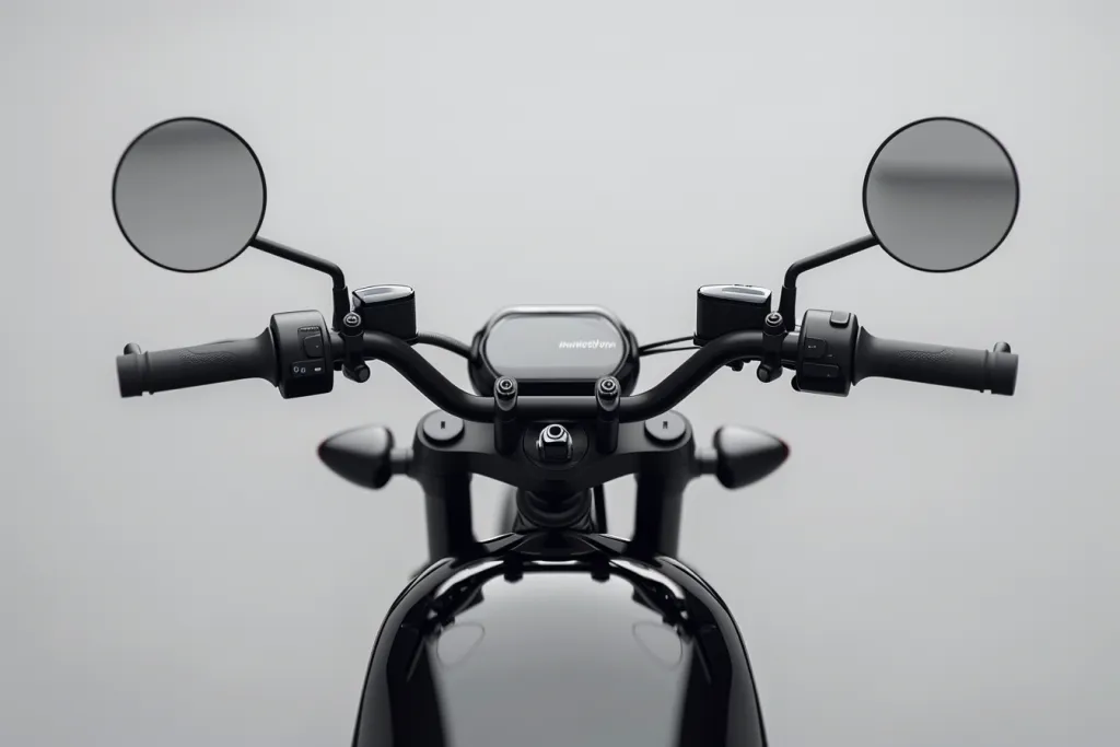 Close up view of a black handlebar with mirrors on a white background