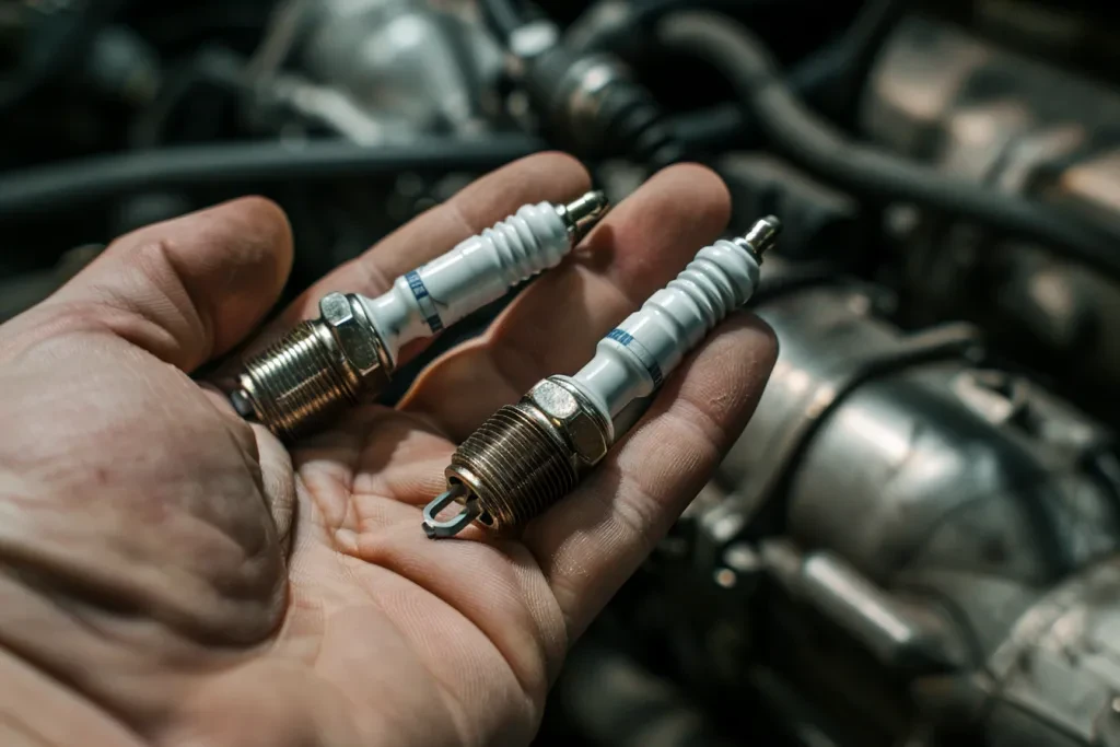 Closeup of a hand holding two new spark plugs