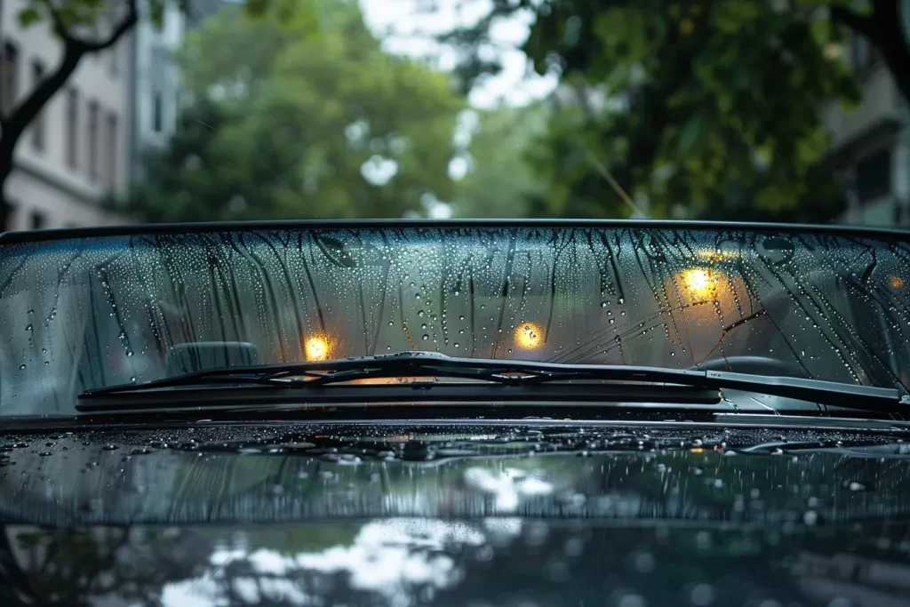 Closeup of the front windshield of a car with rain on it and black or white rubber wiper blades