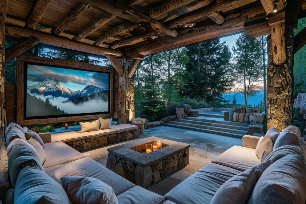 Diseño de un cine en casa al aire libre con presentación de proyector.