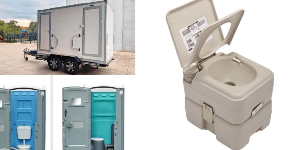 Различные переносные туалеты: от прицепа до смывного устройства и переносного горшка.