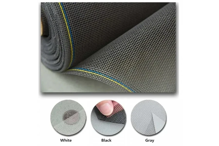 Jaring fiberglass dalam warna putih, hitam, dan abu-abu