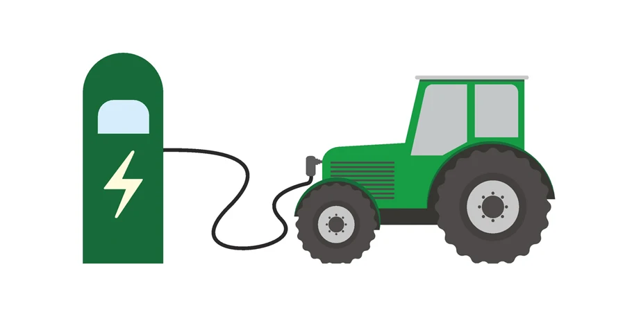 Flat vector illustration of a green electric tractor charging at the charger station
