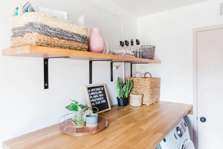 Floating shelves in a laundry room