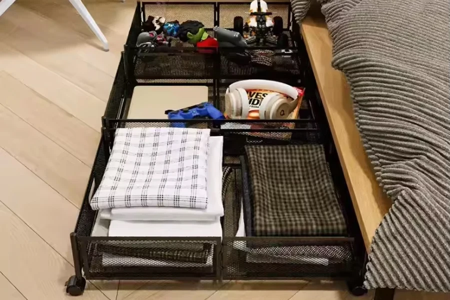 Foldable metal under-bed storage solution with wheels