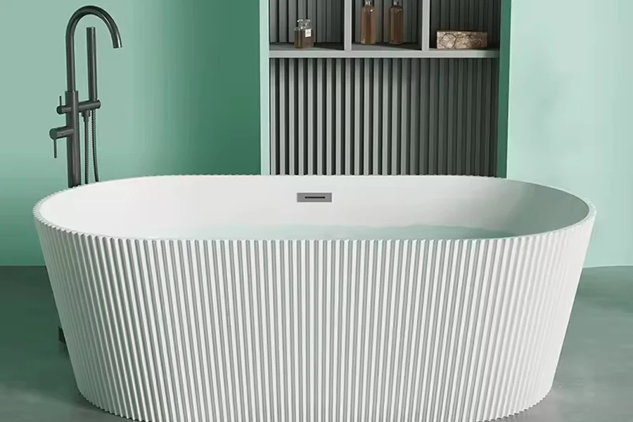 Bak mandi akrilik persegi panjang putih berdiri bebas dengan tonjolan