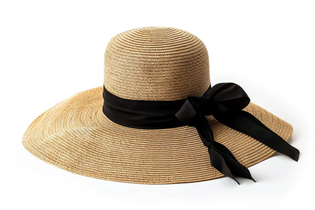 幅広のつばと黒いリボンバンドが付いた手作りのカルタヘナ麦わら帽子