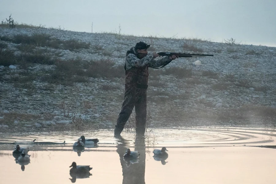 Jäger mit Gewehr steht neben Lockvögeln für die Entenjagd