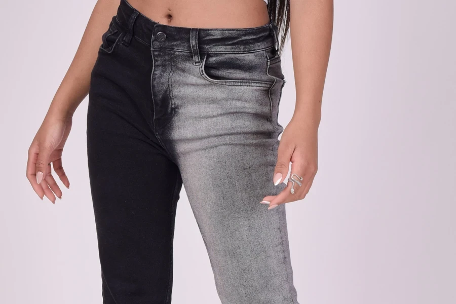 Lady in black and gray two-toned low-rise jeans