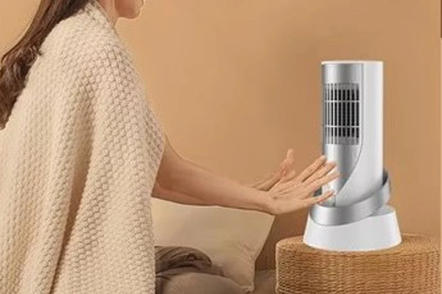 Lady using a PTC electric desktop fan heater