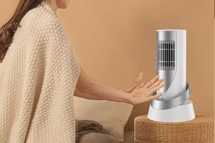 Lady using a PTC electric desktop fan heater