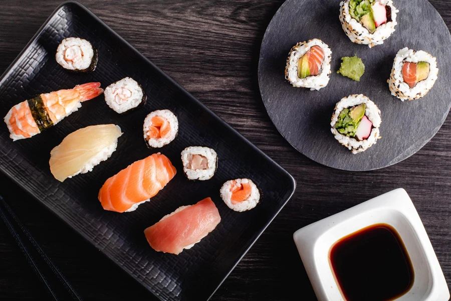 Melamine tableware with sushi served